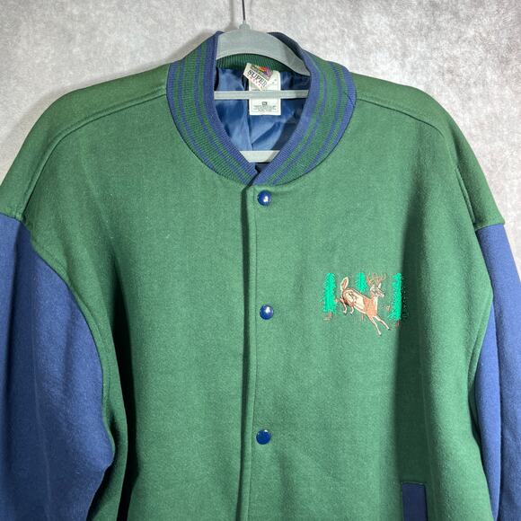 Vintage Fruit Of The Loom Bomber Jacket Mens XL Blue Green Snap Deer 90s Y2K - Picture 2 of 11